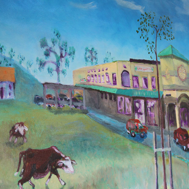 Oil painting of cows near shops